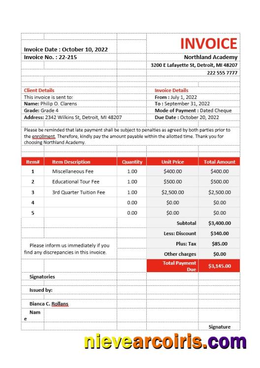 School Fees Invoice